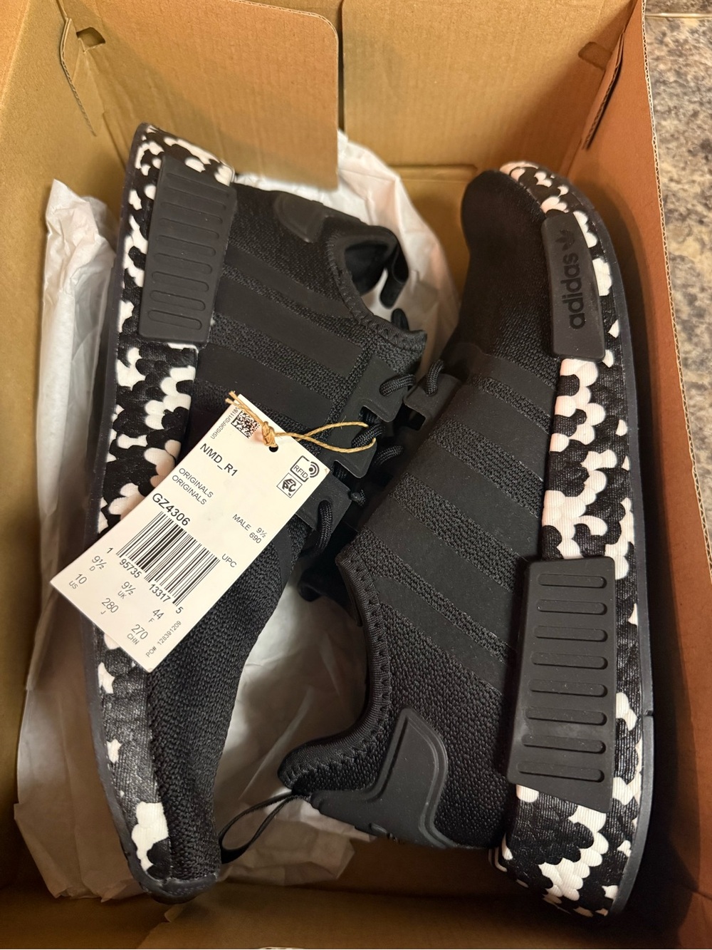 adidas NMD_R1 Men's Black Sneakers with Black & White Patterned Sole